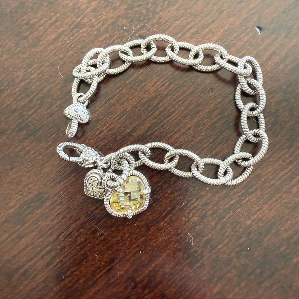Judith Ripka Sterling Silver Canary Crystal Heart Charm Bracelet